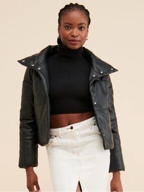 Black Cropped Faux-Leather Puffer Jacket - Women